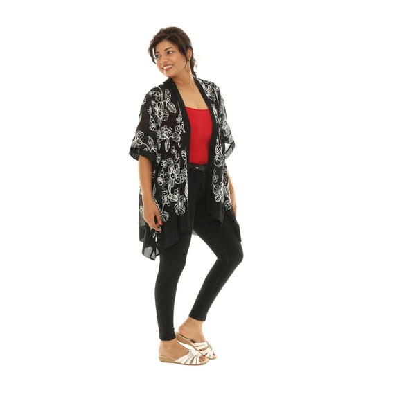 Women Sheer Floral Embroidered Open Cardigan