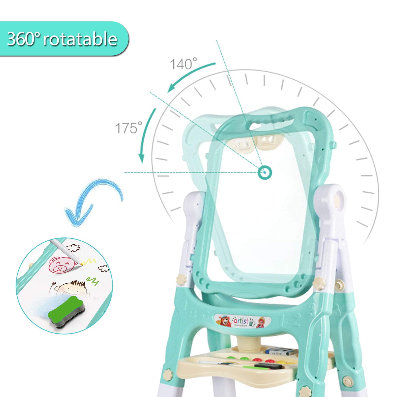 JBeeCtrl Easel for Kids Rotatable Double Sided White Board & Chalk Board Adjustable Standing Kids Art Easel w/ Paint Accessories for Boys Girls Birthday Christmas Birthday Gifts for Kids 3-6 Green