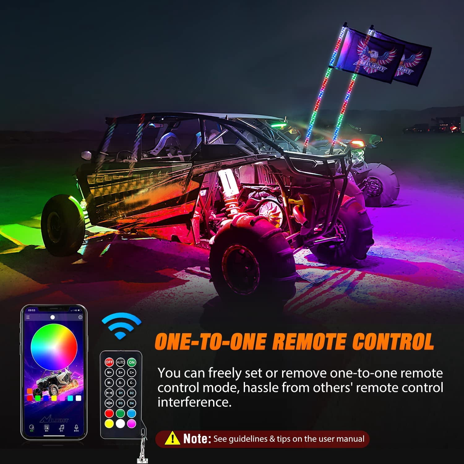 Nilight 2PCS 4FT RGB LED Whip Light and 4 PCS Rock Lights Combo, Remote & App Control w/DIY Chasing Patterns Stop Turn Reverse Safety Antenna Lighted Whips for ATV UTV