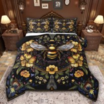 Feelyou Bee Queen Comforter Set, Yellow Flower Botanical Bedding Comforter Set, 3pcs