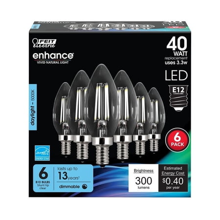 Feit Electric CTC40/950CA/FIL/6 LED Bulb, Decorative, B10 Lamp, 40 W Equivalent, E12 Lamp Base, Dimmable, Clear