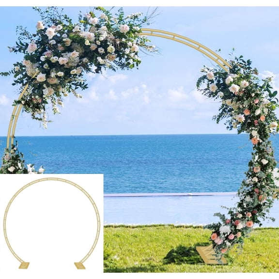 LL Extra Large Wedding Arch for Ceremony 8.5Ft Wide 7.4Ft High, Metal Balloon Arches Backdrop Stand with Base for Party Supplies, Outdoor Garden Trellis for Climbing Plant, Round Frame, Gold