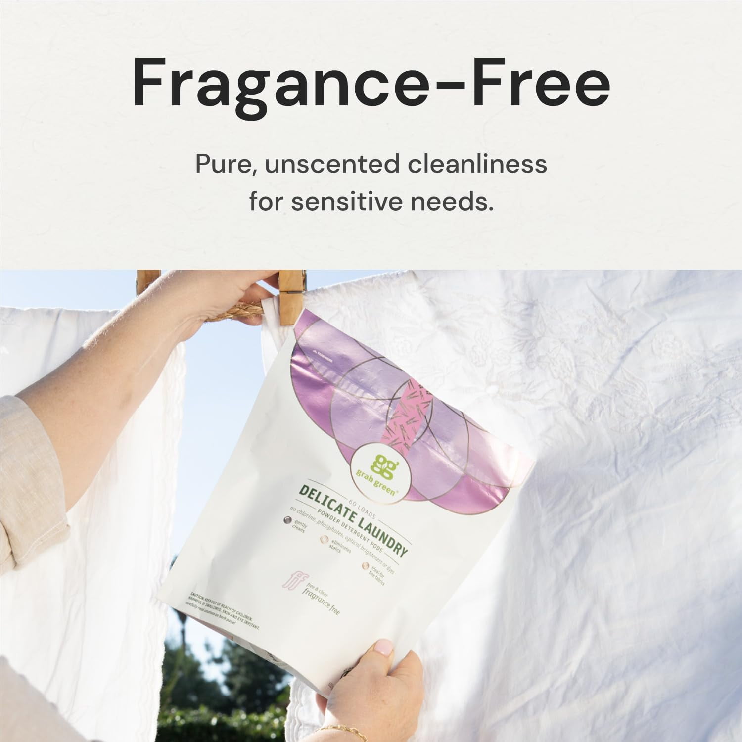 Delicate Laundry Detergent Pods, 60 Count, Fragrance Free, Plant and Mineral Based, Gently Cleans, Eliminates Stains, Ideal for Fine Fabrics, Packaging may vary