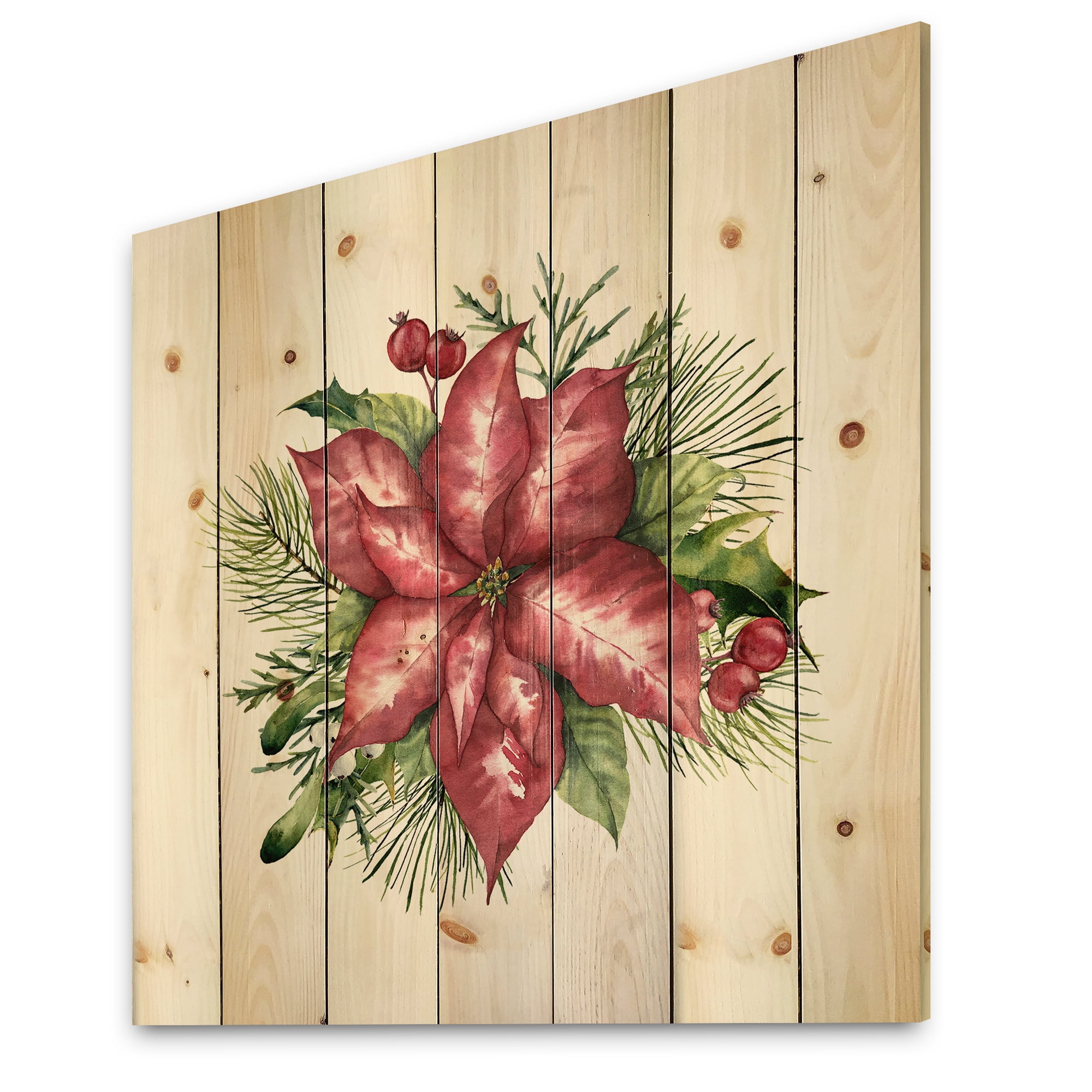 Designart 'Christmas Fir Branch and Holly Mistletoe Berries III' Traditional Print on Natural Pine Wood