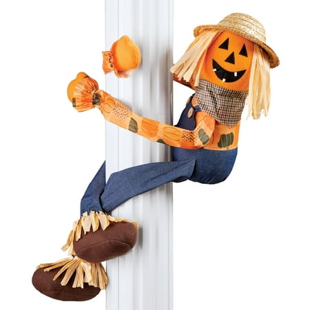 Pumpkin Scarecrow Hugger with Poseable Wire Arms and a Friendly Jack-o-Lantern Face Halloween Decoration