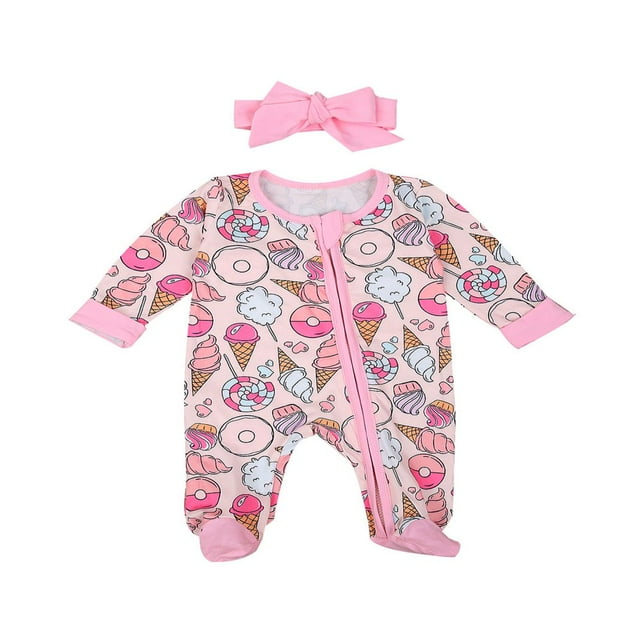 2 Pcs Combinaison à Fermeture Éclair Imprimée et Bandeau 0-6 Mois