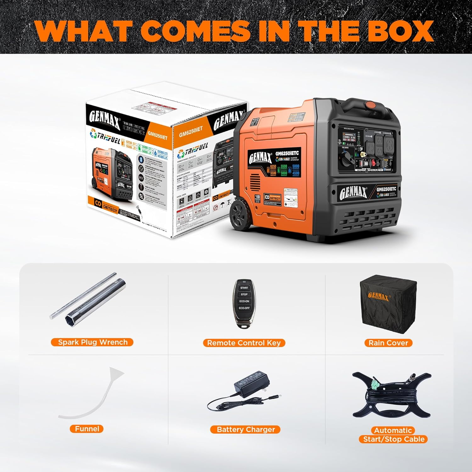 GENMAX 6250W Tri-Fuel Silent Inverter Generator 2026 New Model - 2-Wire Auto Start, Bluetooth APP Control, CO Sensor, 50A Outlet & Digital Display - EPA Compliant for Home Backup & Camping