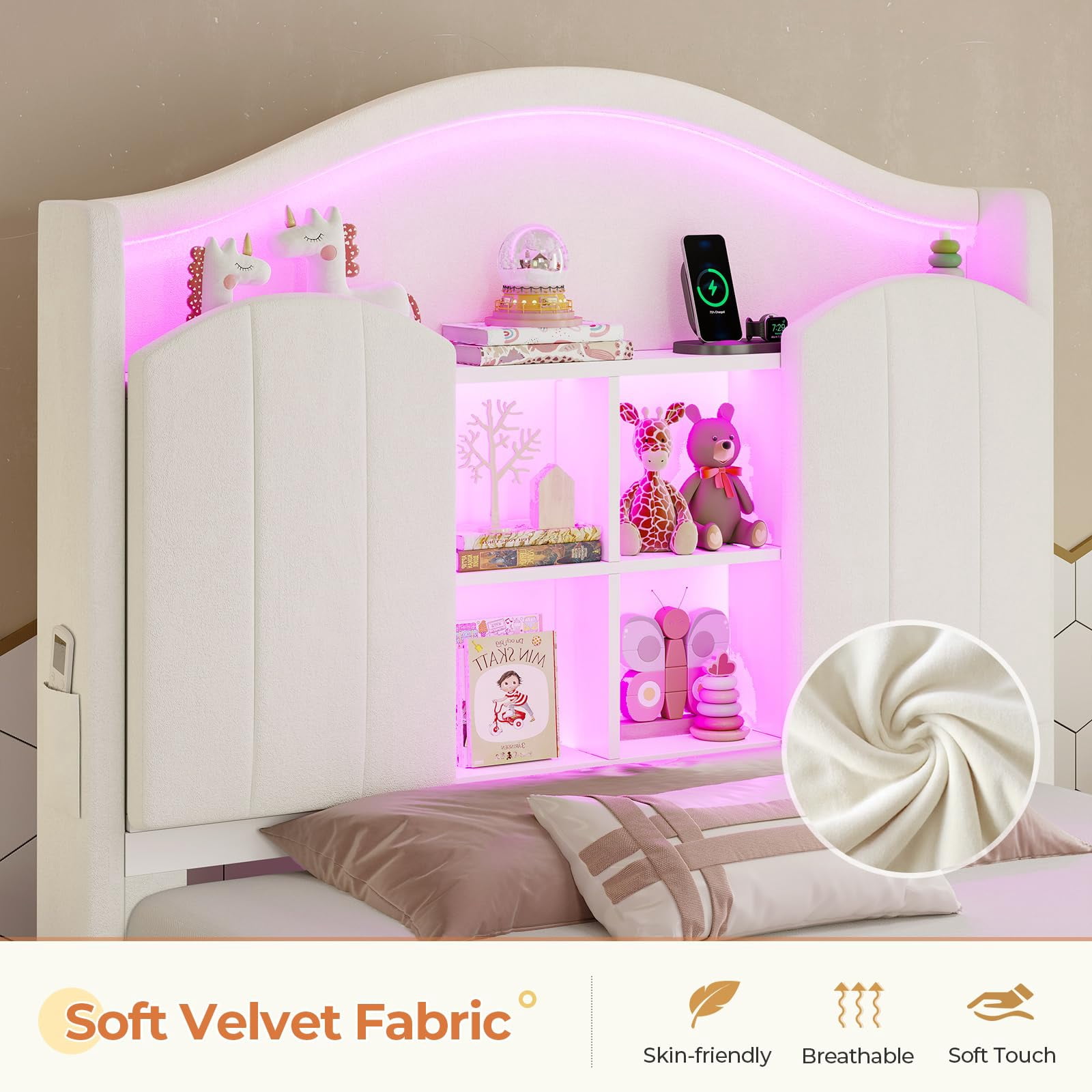 Twin Girl Bed with LED Lights & Charging Station,Platform Twin Size Princess Bed Frame, Upholstered Storage Headboard,No Box Spring Needed,Easy Assembly, Beige