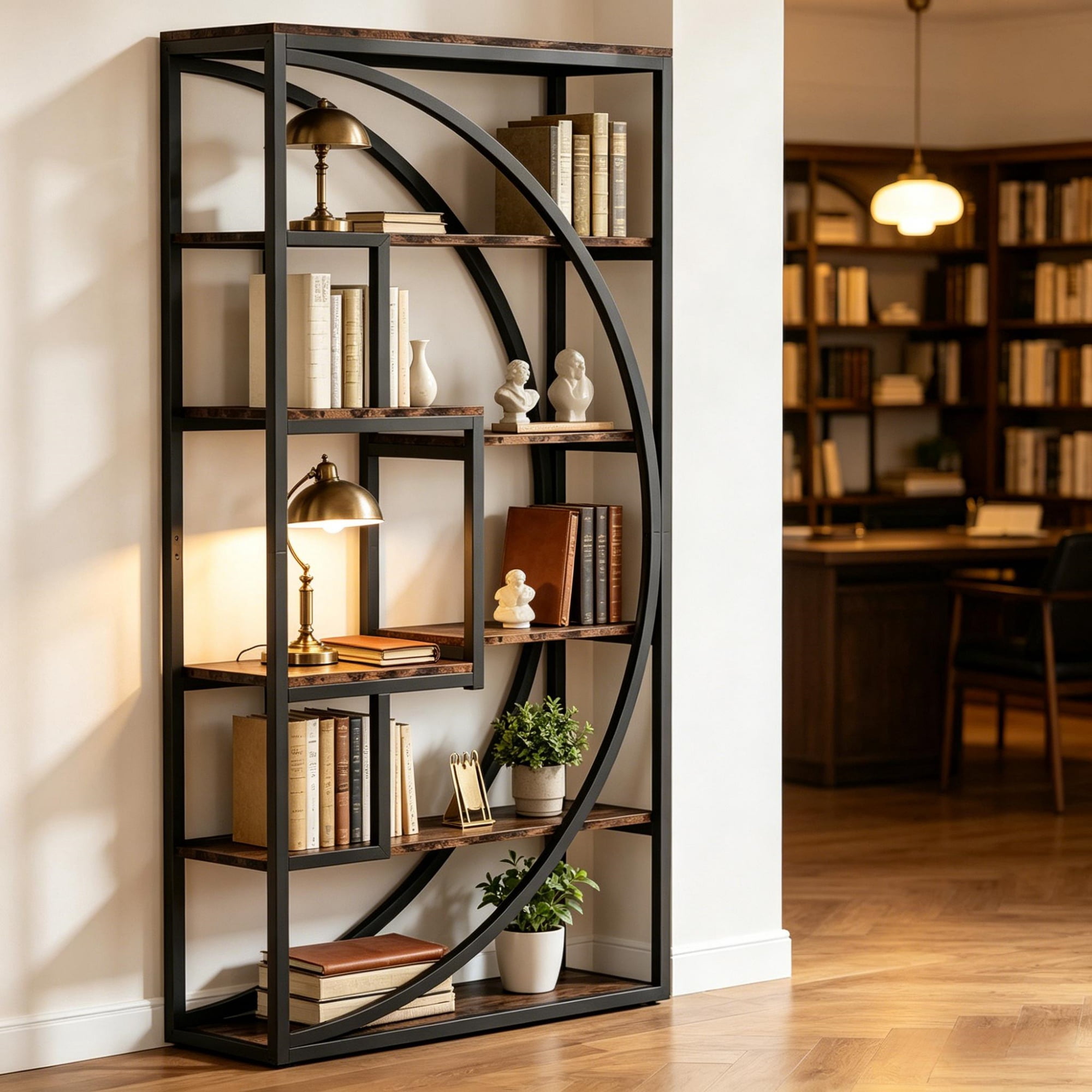 Bookshelf, 5-Tier Geometric Bookcase with 8 Open Shelves, Particle Board and Metal Frame, 48.03 in x 14.17 in x 9.84 in