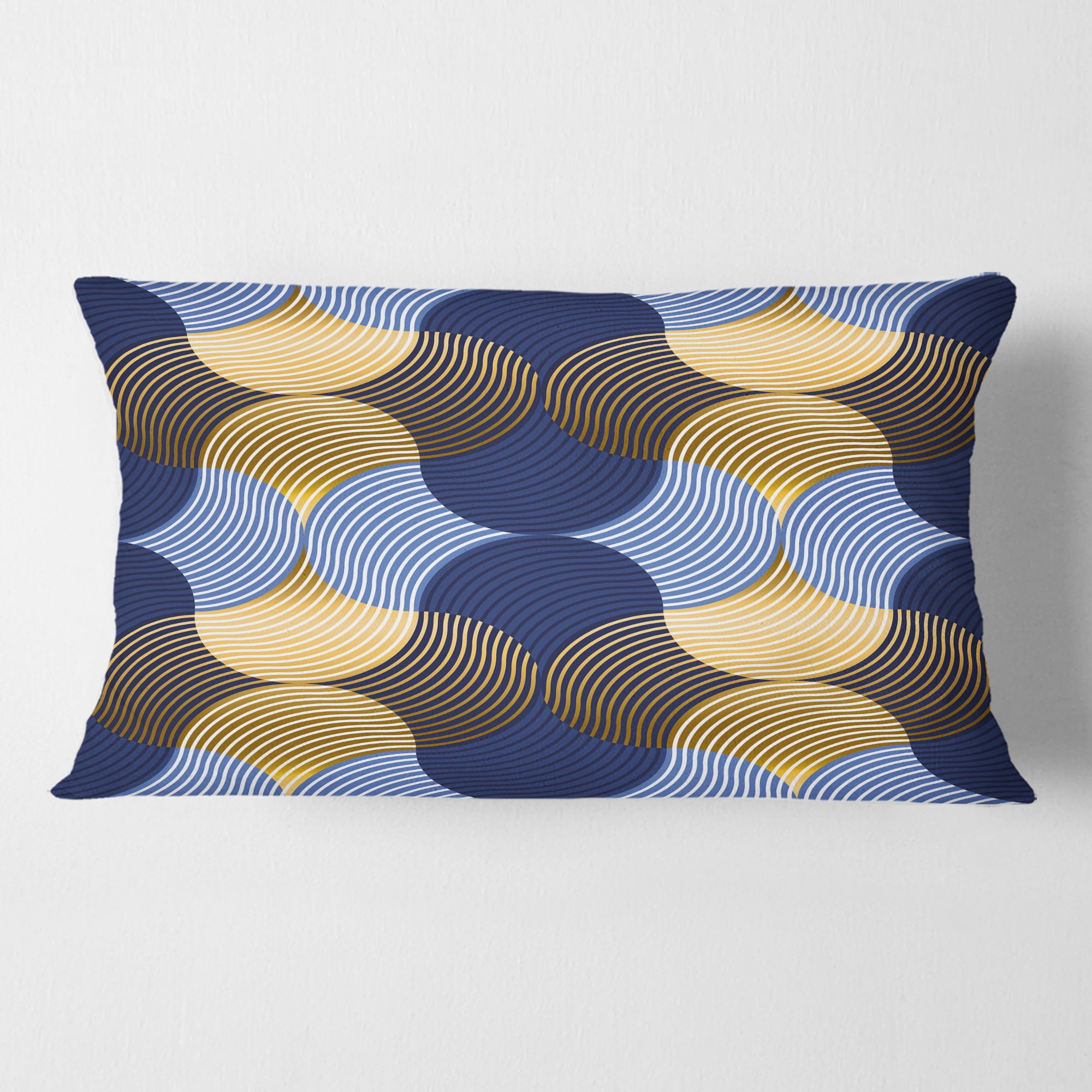 Designart Retro Luxury Waves In Gold And Blue II' Mid-Century Modern Throw Pillow - 12x20