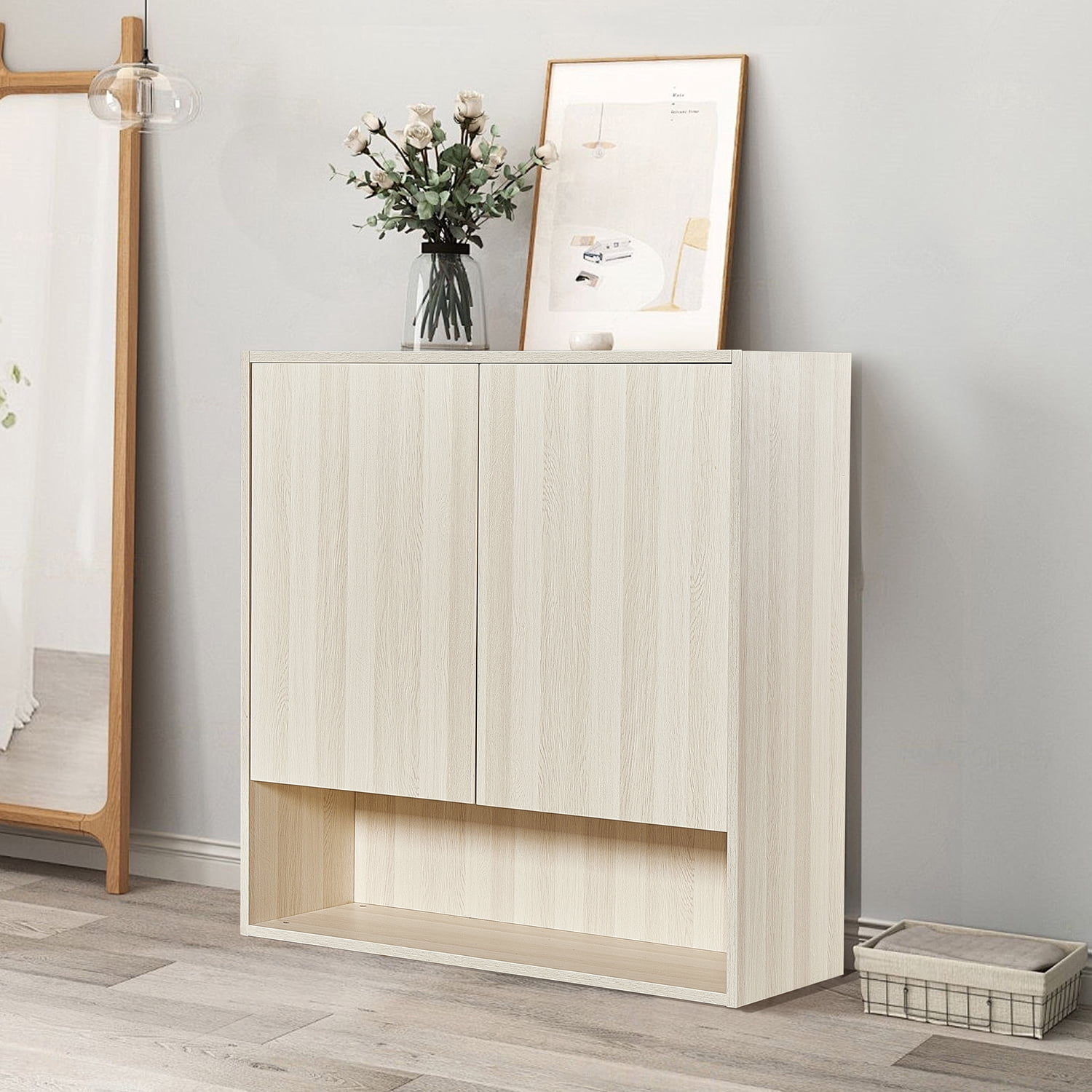 Wall Mount Medicine Cabinet Open Storage White Oak L 36 in x H 36 in x D 11.8 in