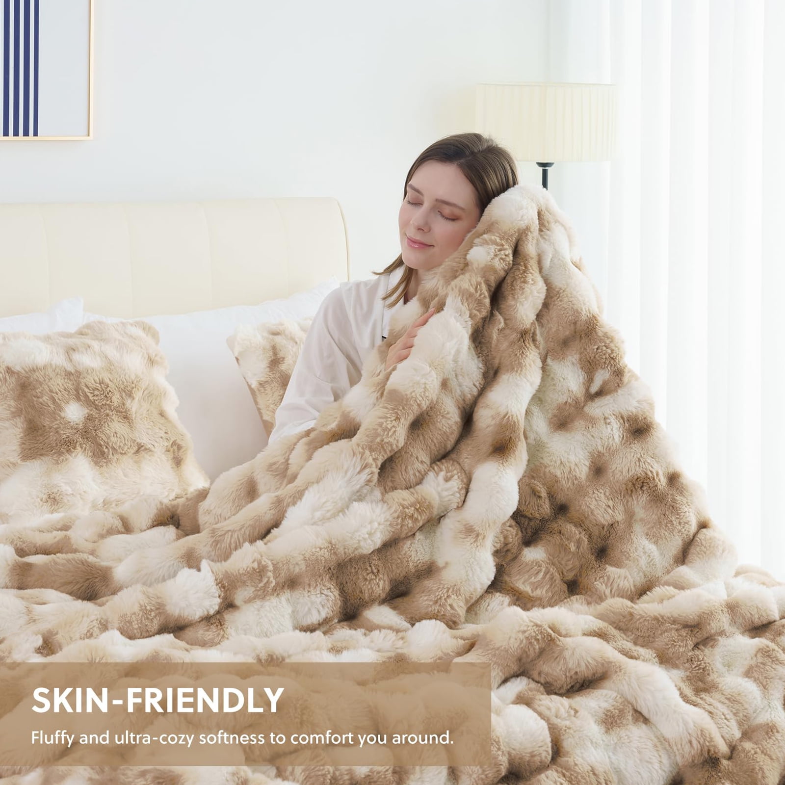 Cozylore Faux Fur Throw Blanket for Bed Luxury Fluffy Thick Bubble Blanket Warm Cozy Throw for Bedroom Living Room, 90" x 108", Tie-Dye Brown