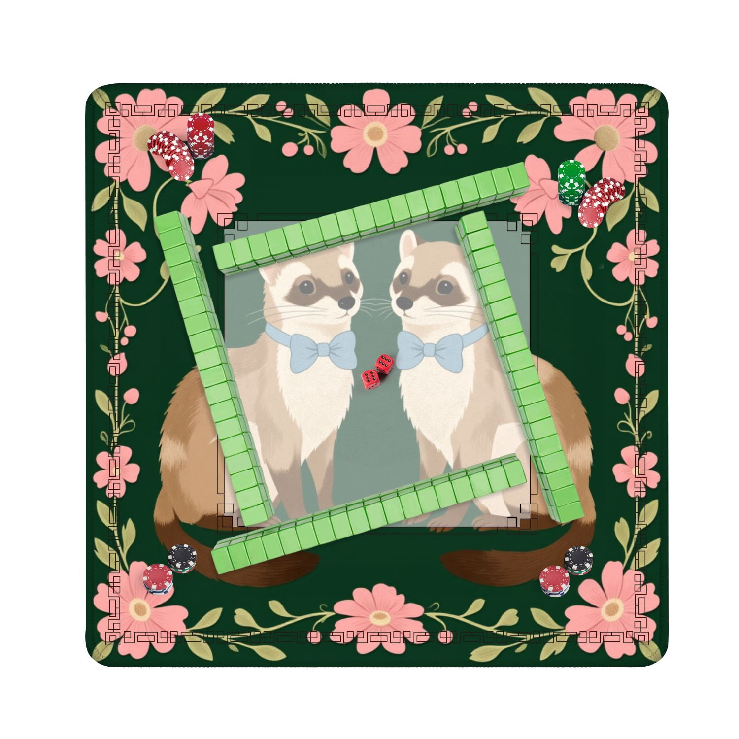 Mahjong Mat 31.5" x 31.5" Two Ferrets Blue Bows Surrounded by Pink Flowers Green Non-Slip Noise Reduction American Mahjong Tiles Table Cover for Dominoes Poker Card Board Games Gift