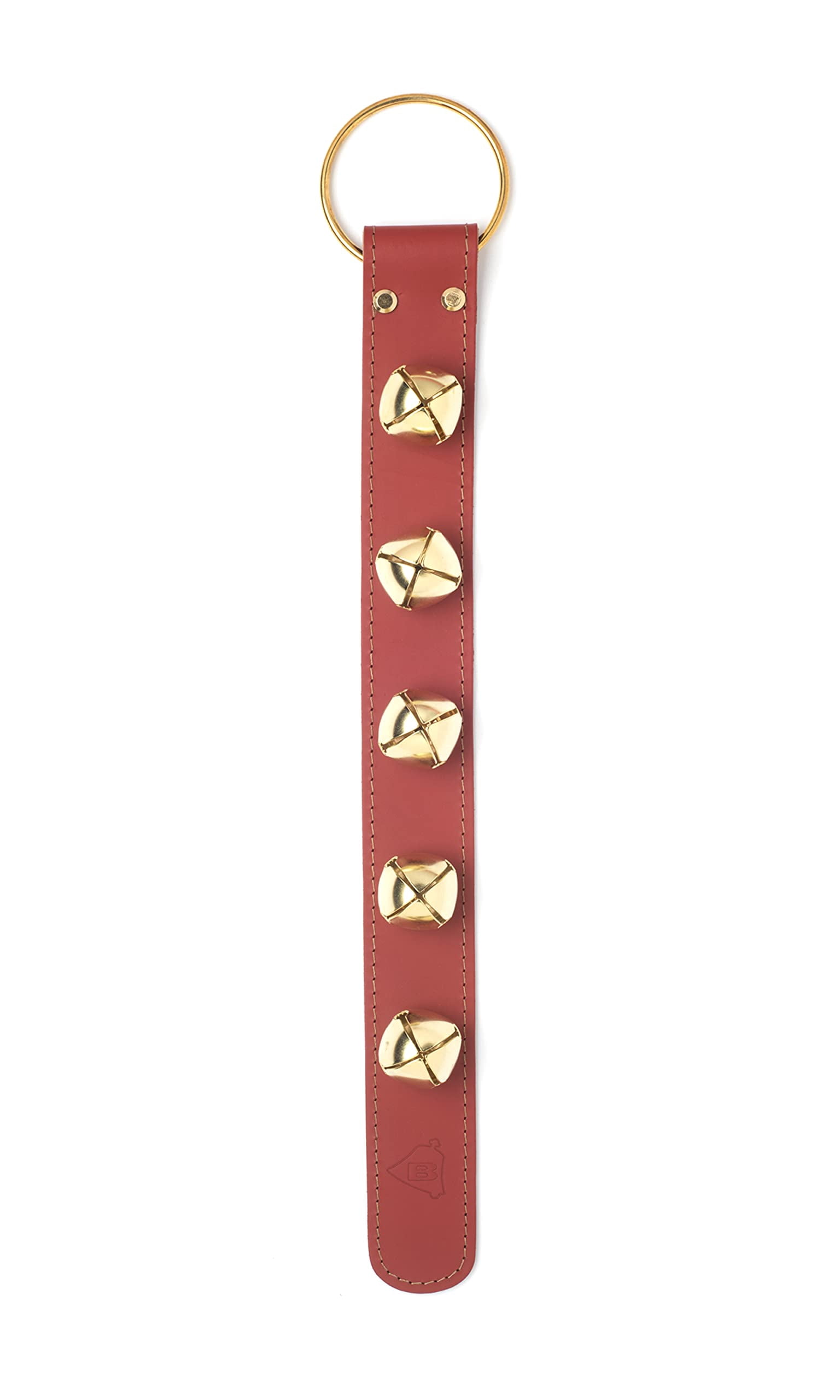 Bevin Bells Leather Sleigh Bell Strap | Five (1 ½”) Bells | Red/Brass | Door Hanger | Made of Steel | Sleigh Bells on Leather Strap | Sturdy Hanging Loop | Made in CT, USA