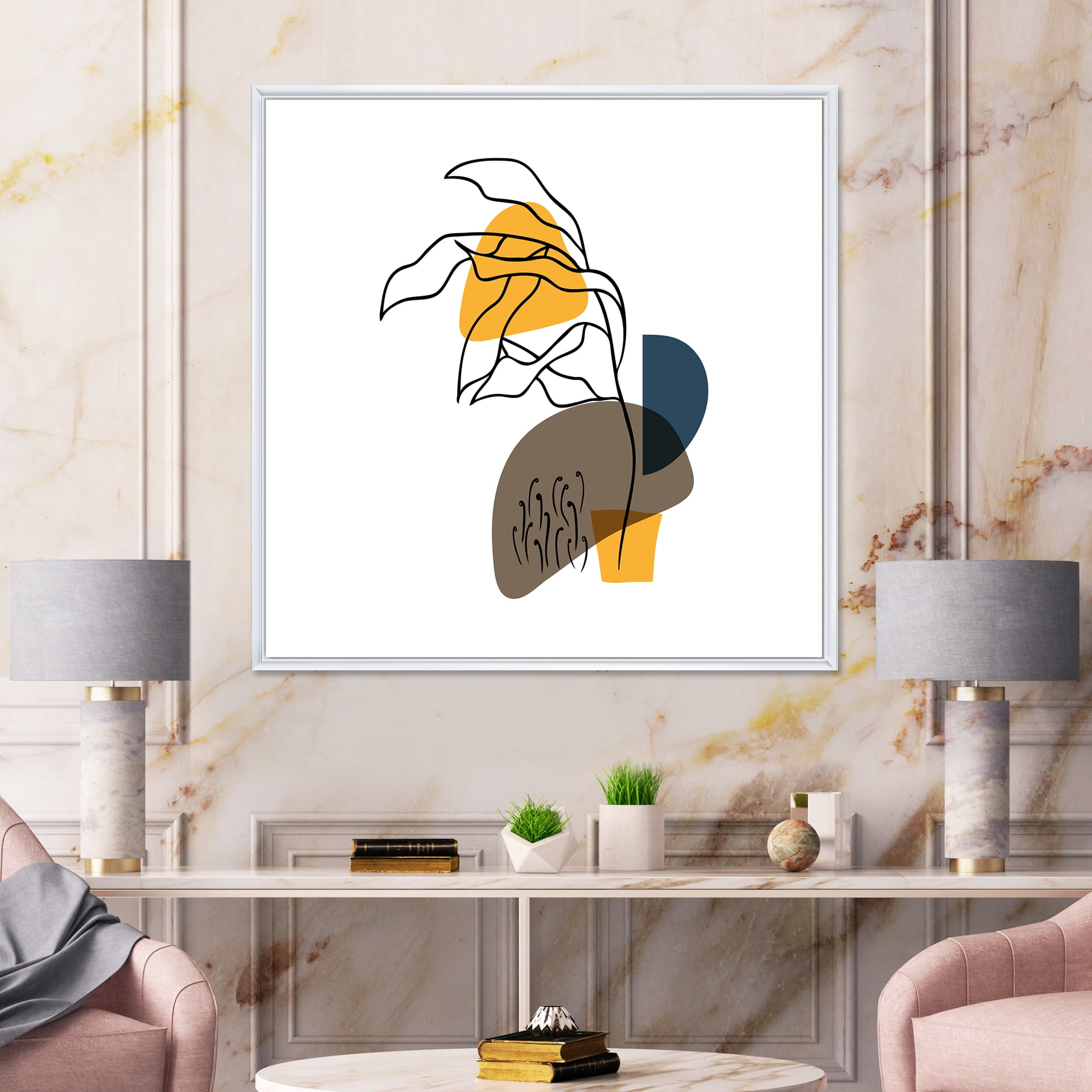 Designart 'Abstract Minimal Shapes Under Flowers V' Modern Framed Canvas Wall Art Print
