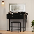 thumbnail image 3 of LED Lighted Glass Top Vanity Desk – 3 Lighting Modes Mirror, Power Outlet, 3 Drawers, Hair Dryer Rack, Modern Makeup Table for Bedroom, Black Panel & Black Iron Frame, 3 of 8