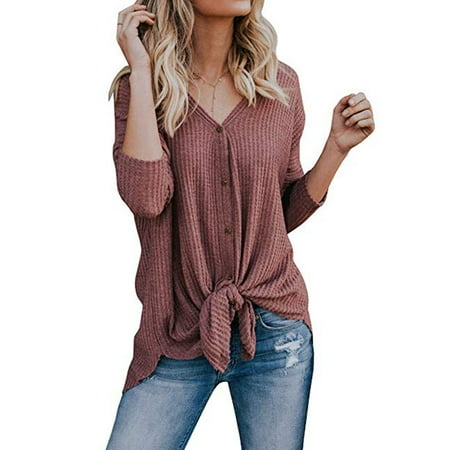 - Womens Waffle Knit Tunic Blouse Tie Knot Henley Tops Bat Wing Plain Shirts