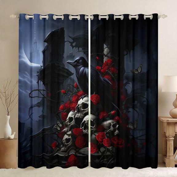 Homewish Halloween Skull Raven Kitchen Curtains,Red Rose Floral Black Out Curtains Pack of 2 (42x63 Each)