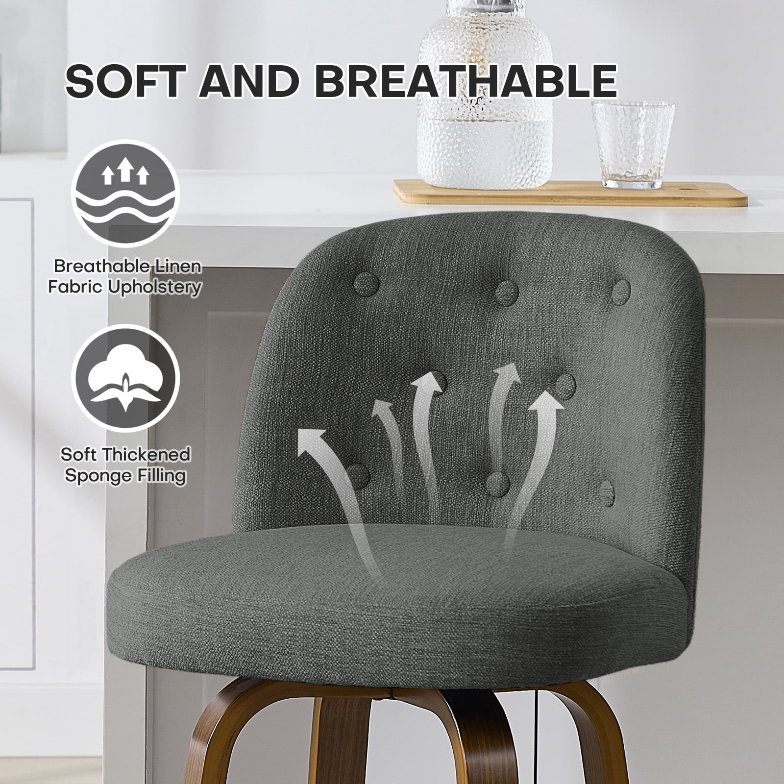 Foreate Swivel Bar Stools Set of 1, 26" Upholstered Linen Fabric with Button-tufted Mid-Back & Wood Legs, Modern Chair Kitchen Pub Island Counter Stool