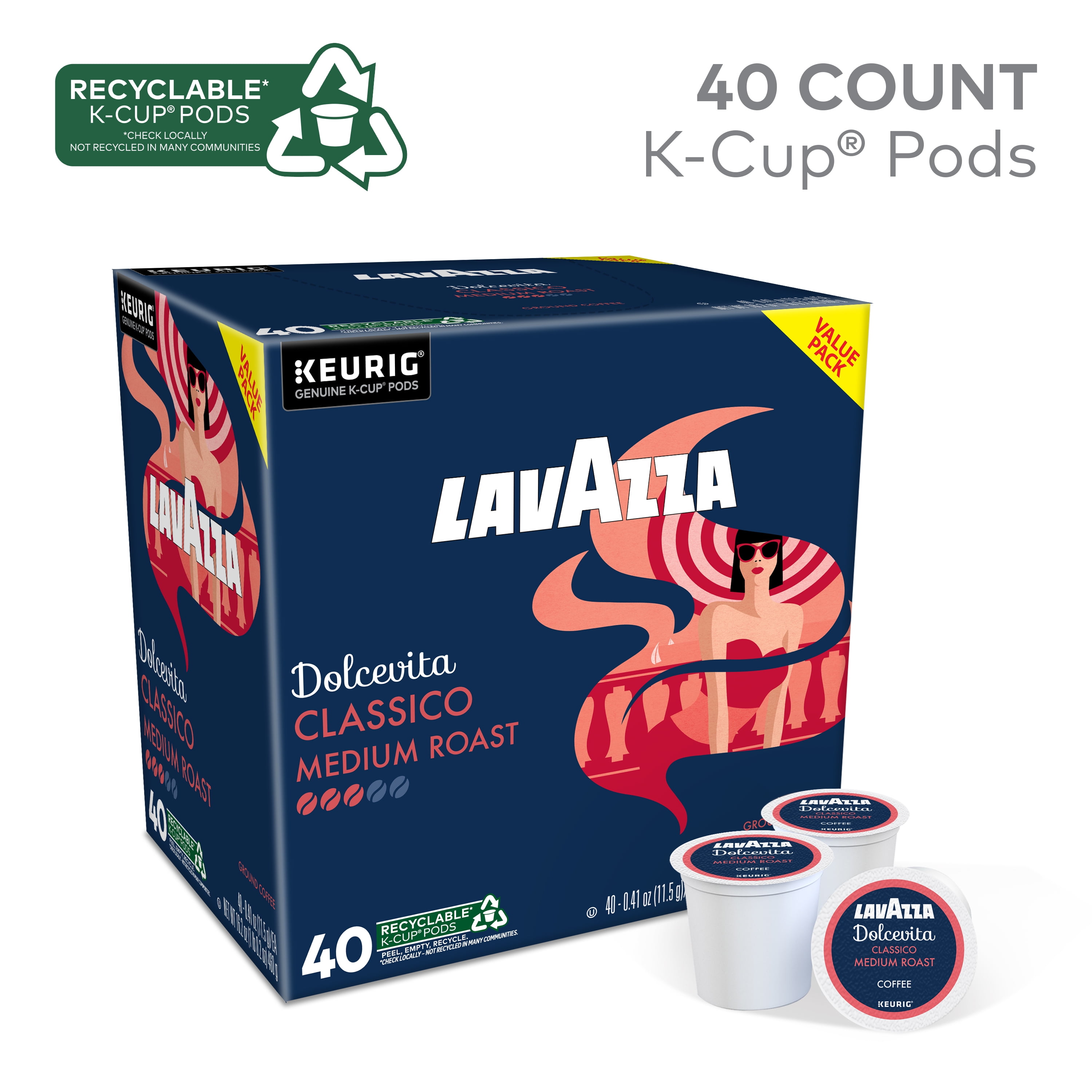 Lavazza Dolcevita Classico Keurig K-Cup® Pods, Medium Roast, Arabica and Robusta Blend (40 Pods), Packaging May Vary