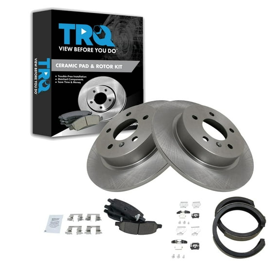 TRQ Rear Brake Pad & Rotor Kit Brake Pads Brake Rotor Parking Brake Shoe Set Ceramic Fits Select 2006-2010 Cadillac DTS