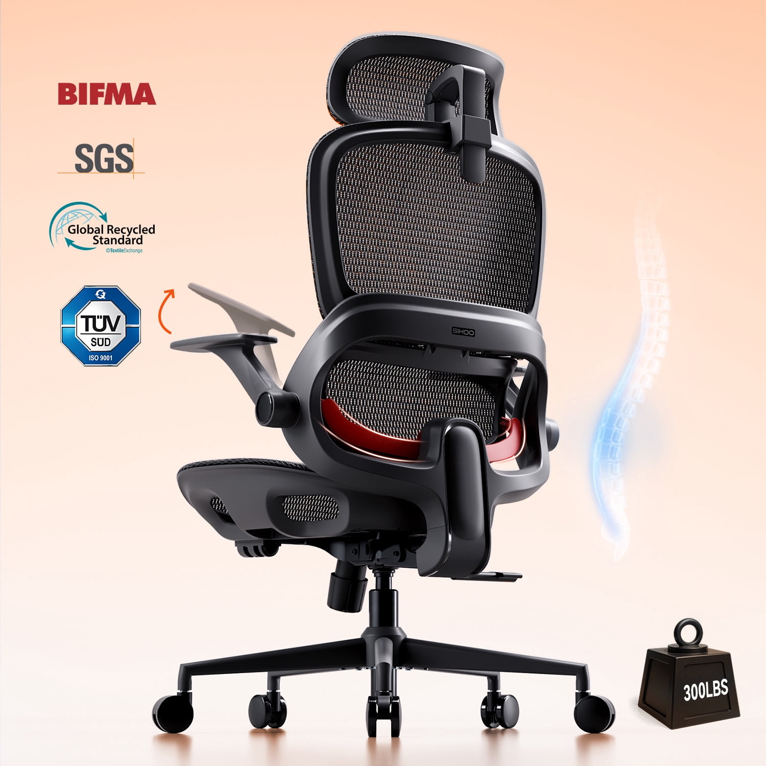 SIHOO B100 Ergonomic Office Chair, Task Chair with Zoned Back Support, 2D Wide Headrest Study Chair for Teenager, High Back Executive Chair for Home Office, Black, 300lbs