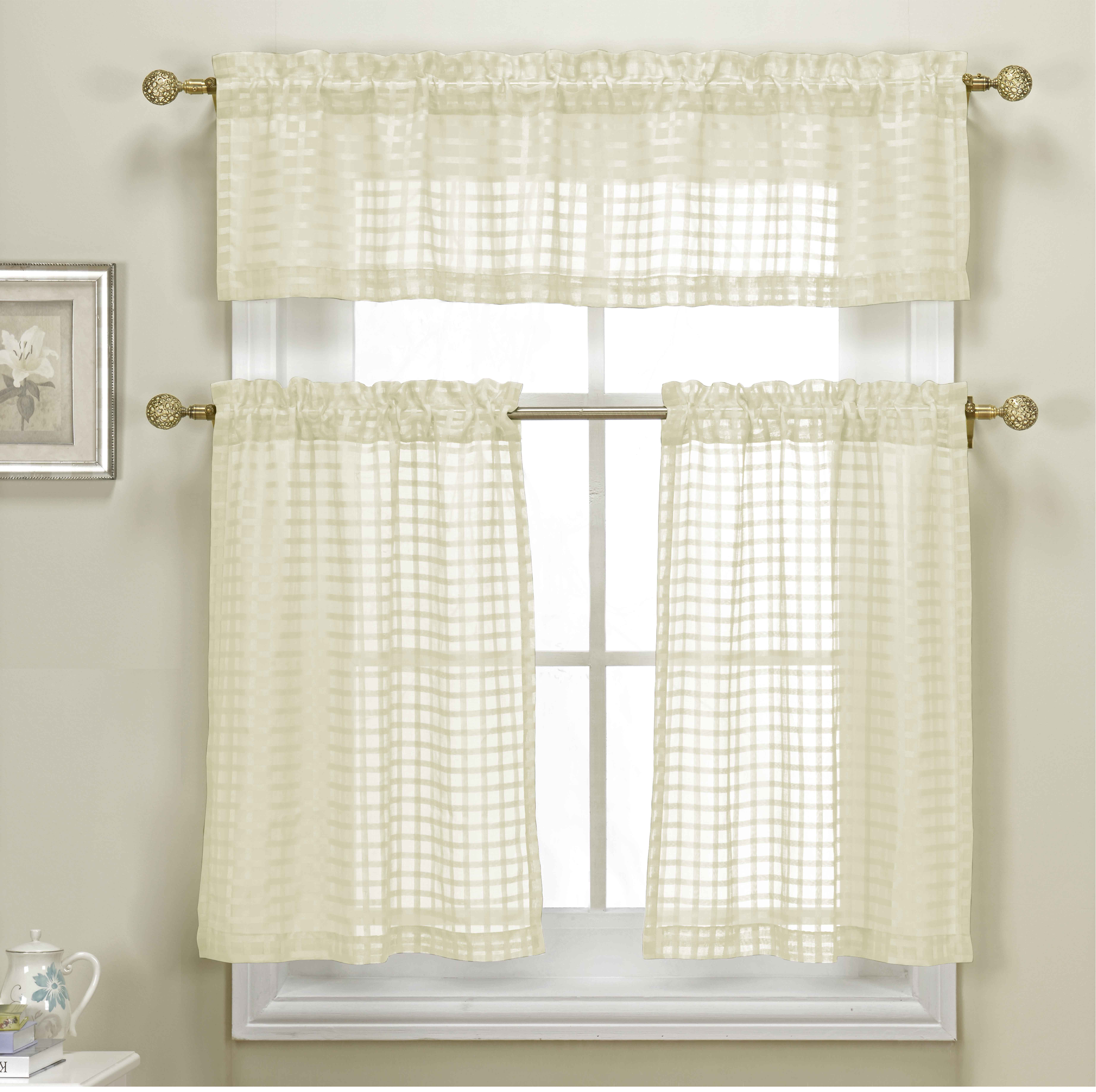 3 Piece White Sheer Kitchen Curtain Set Woven Check Design 1 Valance 2 Tier Panels