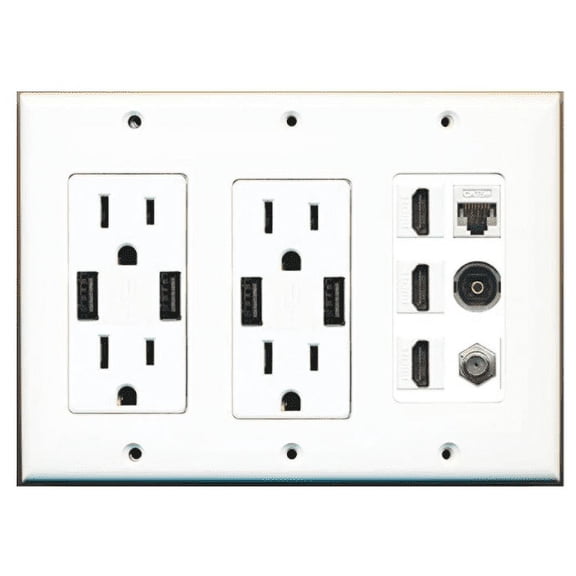 RiteAV 2 x USB Charger Outlets 15A/125V with Dual 3.6A USB Charging Ports and 3 HDMI Coax Cat5e White Toslink Decorative White 3 Gang Wall Plate