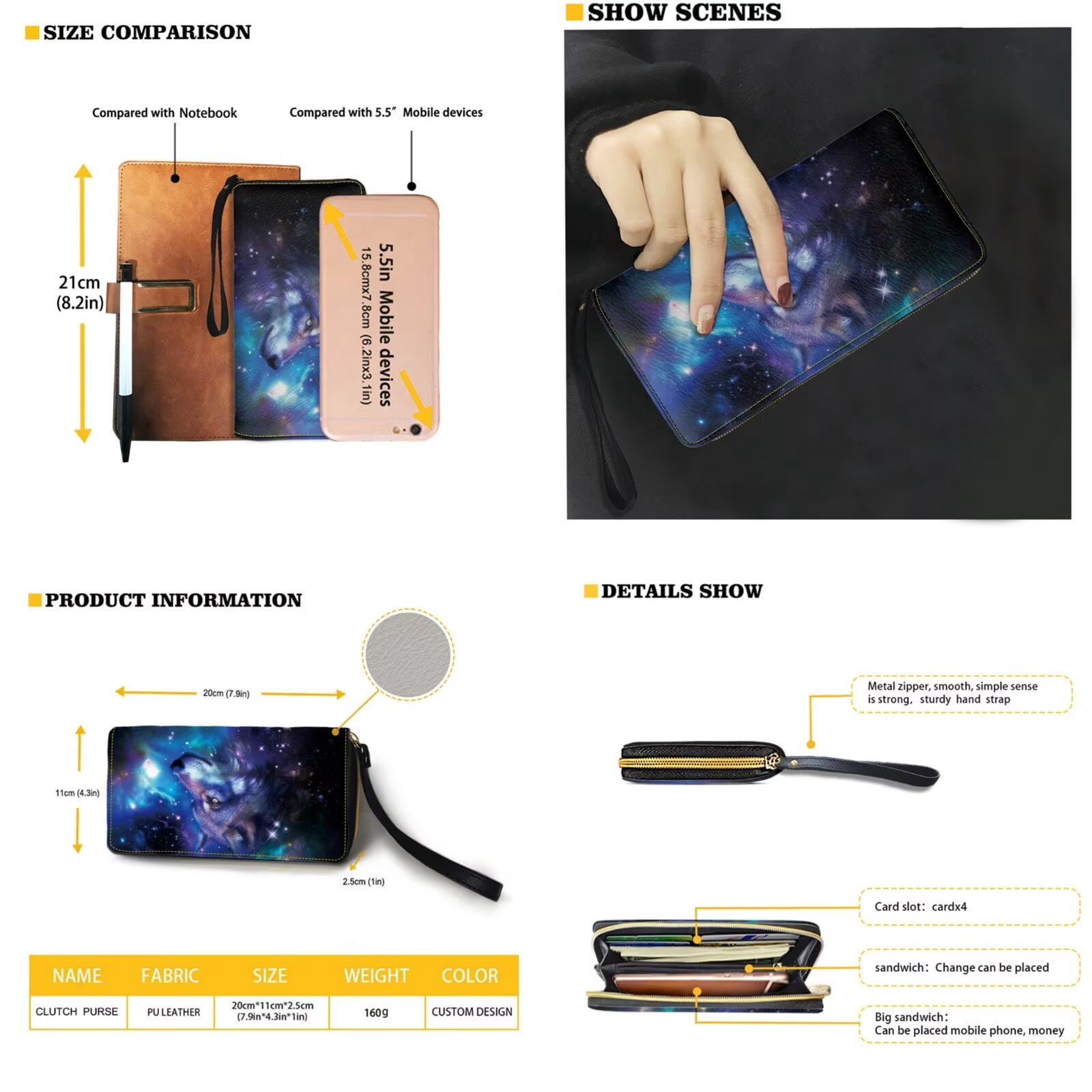TSOVTHRID Wolf Star Galaxy Print Womens Handbag with Matching Wallet Large Shoulder Tote Bag Top Handle Purse Black Blue PU Leather Clutch Purse Satchel Handbag for Women