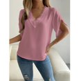 thumbnail image 3 of Tops de manga corta con volantes para mujer Camisa de manga corta con cuello en V profundo de encaje informal a la moda para ir de compras en el trabajo diario Rosa S, 3 of 8