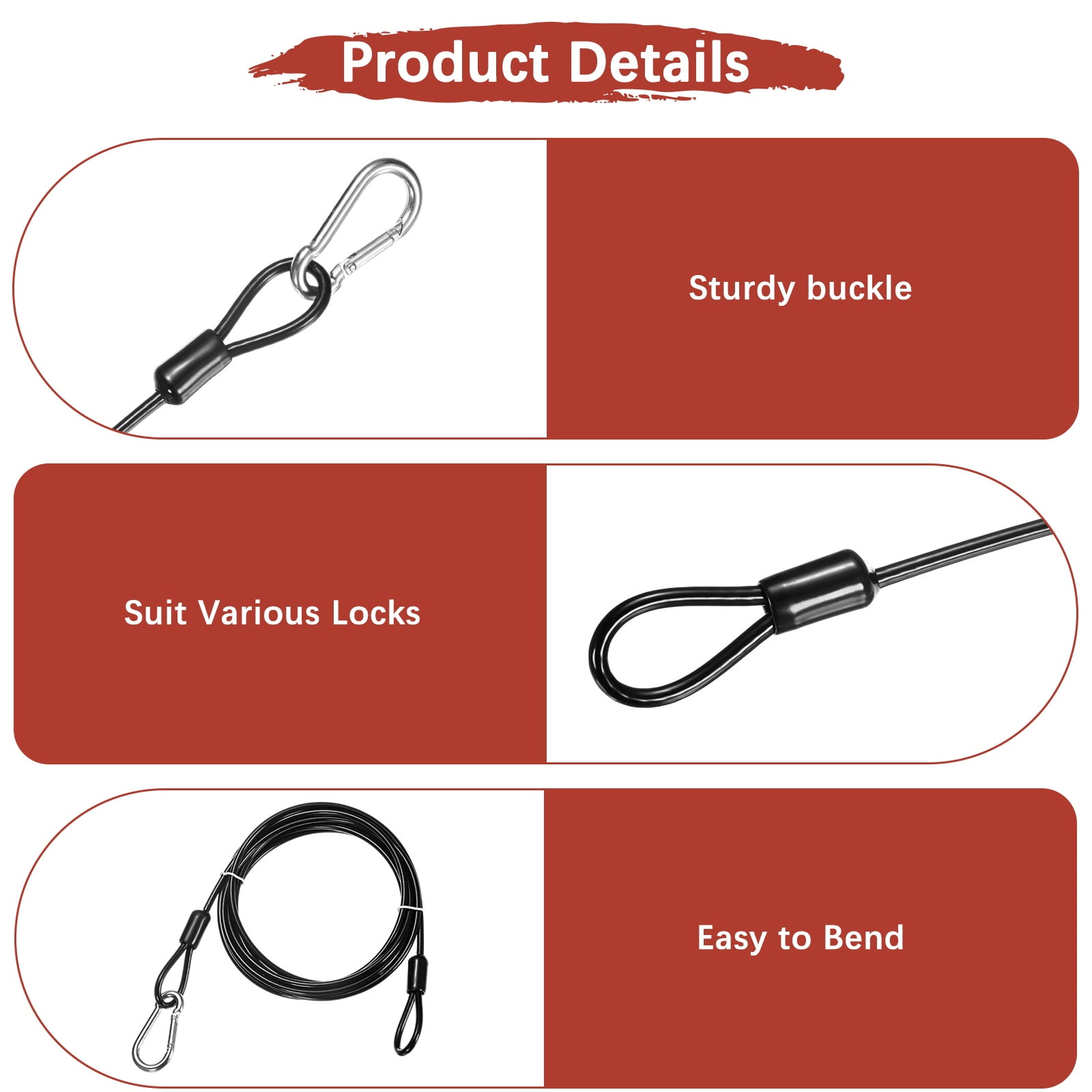 Security Cable with Hooks and Loops [2Pcs] - 9.84ft / 118.1 Inch Stainless Steel Luggage Lock Safety Cable Use For Bikes & Luggage - [Black]