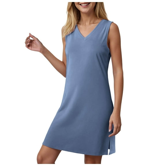 felwors V-Neck Summer Casual Beach Dress for Women 2025 Vacation Women's Sleeveless Sundress with Split Blue, S