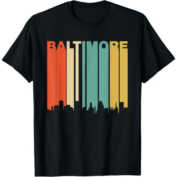 Retro 1970's Baltimore Maryland Downtown Skyline T-ShirtMen and women, Black T-shirt, size: Extra large
