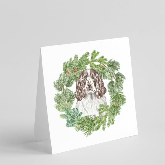 English Springer Spaniel Liver and White with Christmas Wreath Square Greeting Cards and Envelopes Pack of 8 5 in x 5 in