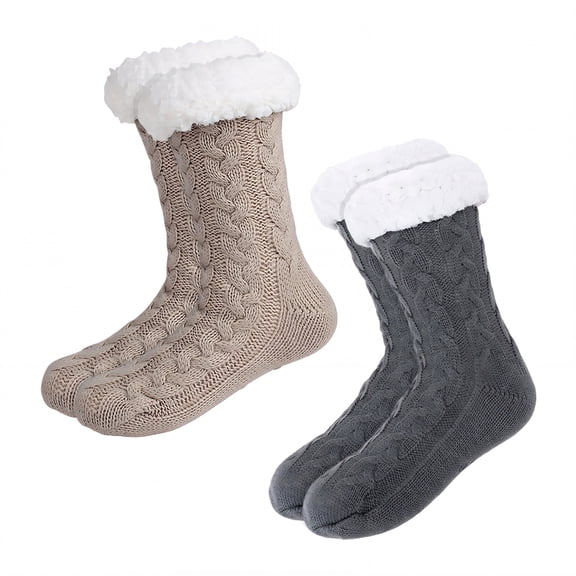 TELOLY 2Pairs Slipper Socks for Women,Knit Wool Socks Slipper Socks,Extra Thick Lining Fuzzy Socks,Combination1
