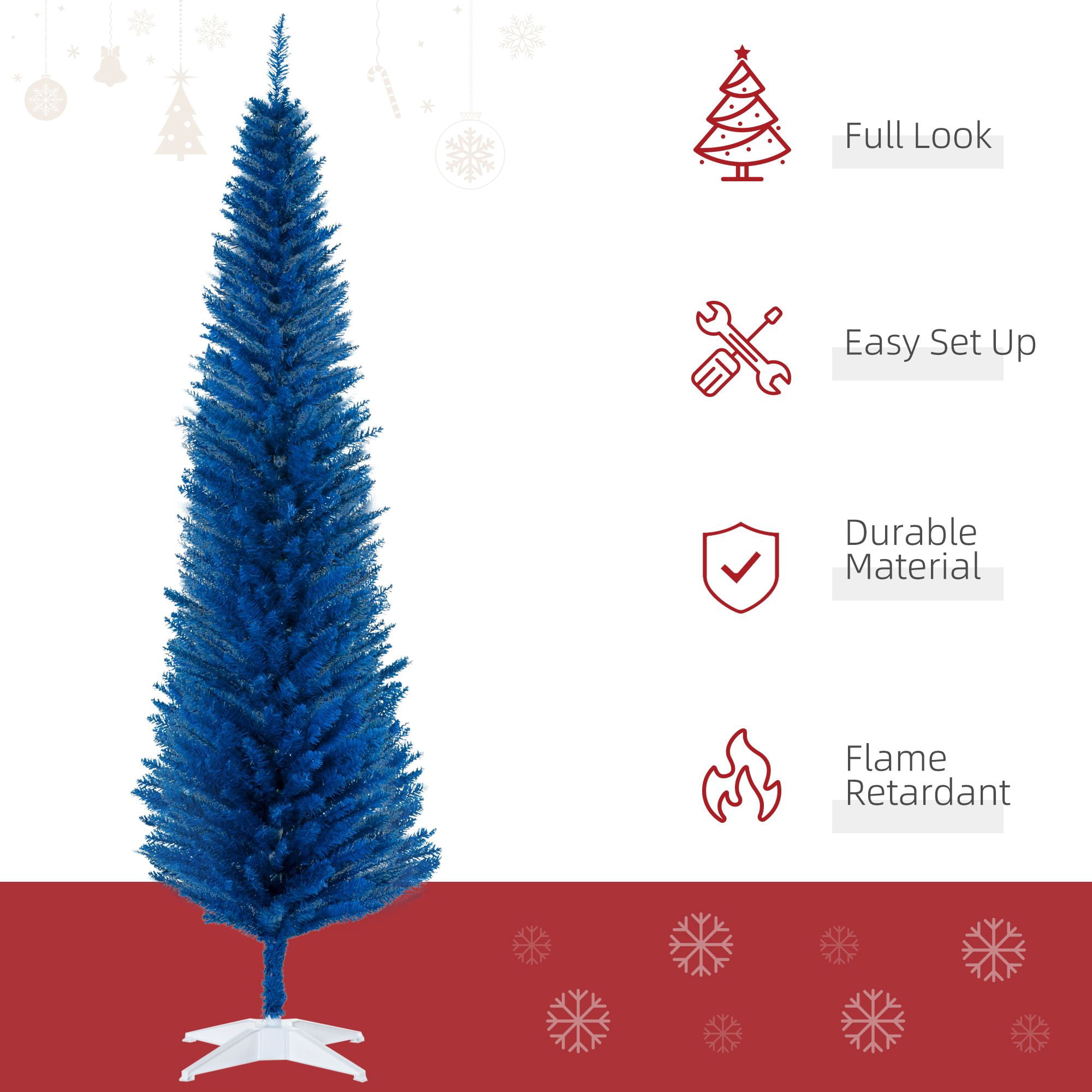 7 ft Pencil Christmas Tree with 499 Branch Tips and Plastic Stand, Slim Artificial Holiday Tree for Small Spaces