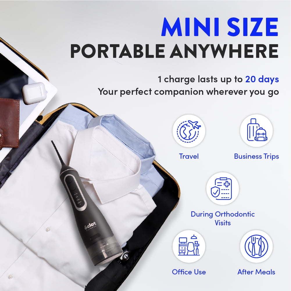 Éclat Portable Electric Waterproof Water Flosser for Deep Teeth Cleaning - 320ML Double Tank, USB-C Rechargable, Long Lasting 30 Day Charge, 4 Accessories Included BPA Free (Black)