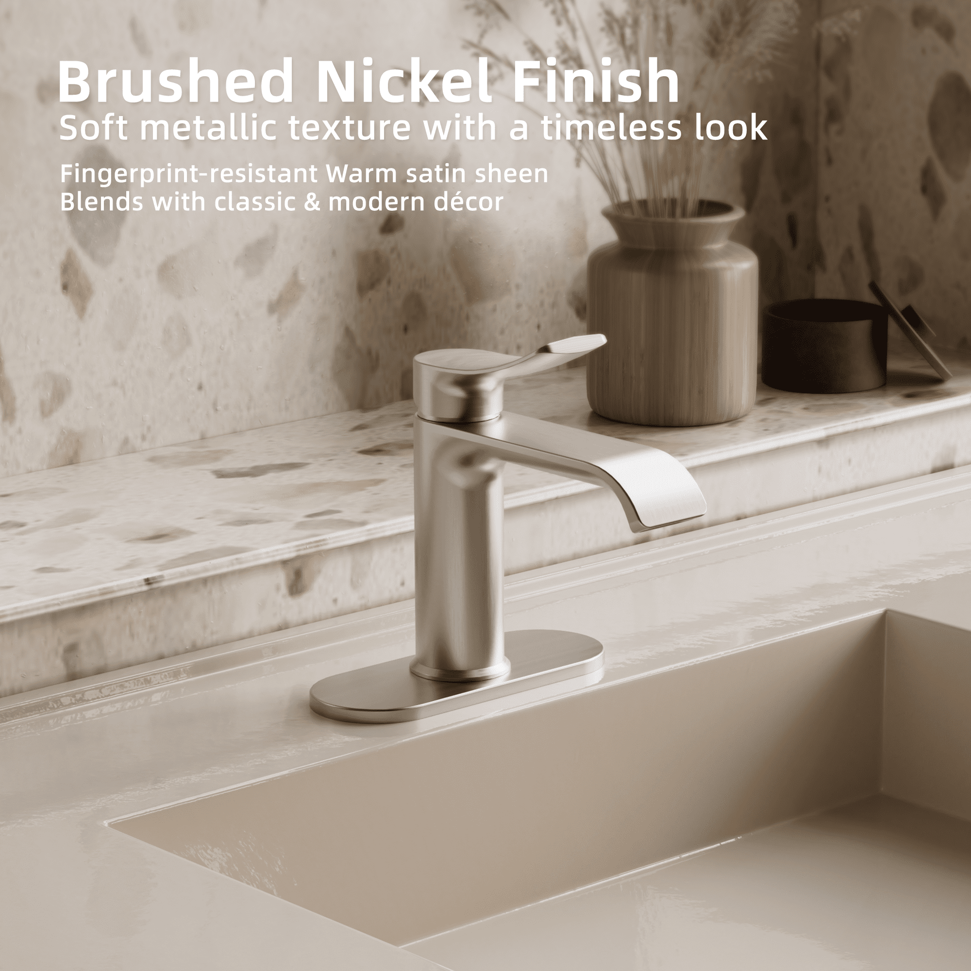 BELZ Bathroom Faucet Modern Waterfall Bathroom Sink Faucet with Single Handle with Pop Up Drain and Deck Plate Suitable for 1 or 3 Holes, Brushed nickel