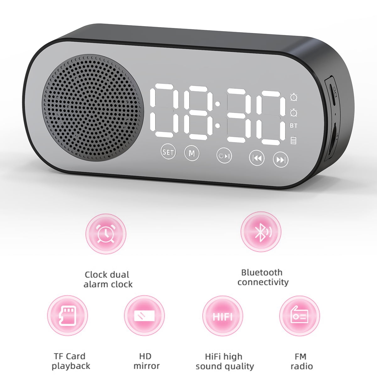Zeokiar Digital Alarm Clock Bluetooth 5.0 Speaker LED Display Mirror Desk Alarm Clock with FM Radio Support TF Card Play Hands-Free Call Dual Alarm Clock with USB Charging Port Adjustable Brightness