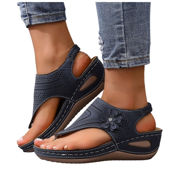 Flip Flops for Women Hollow out Bohemian Flower Wedge Sandals Comfy Arch Support Orthopedic Shoes Elastic Ankle Strap Fashionable Beach Shoes Navy Size 8