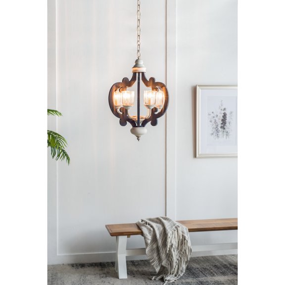 French Country Wood Chandelier, 6-Light Farmhouse Pendant Light Fixture with Adjustable Chain for Kitchen Foyer Hallway Entryway, Bulb Not Included