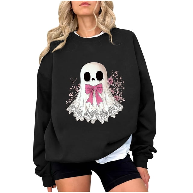 Chandail en Molleton Imprimé Fantôme pour Femmes Chandail Léger et Chaud Blouses Col Rond Manches Longues Ultra Doux Texturé Tenues de Printemps 2025 Chandail Automne Hiver Vêtements