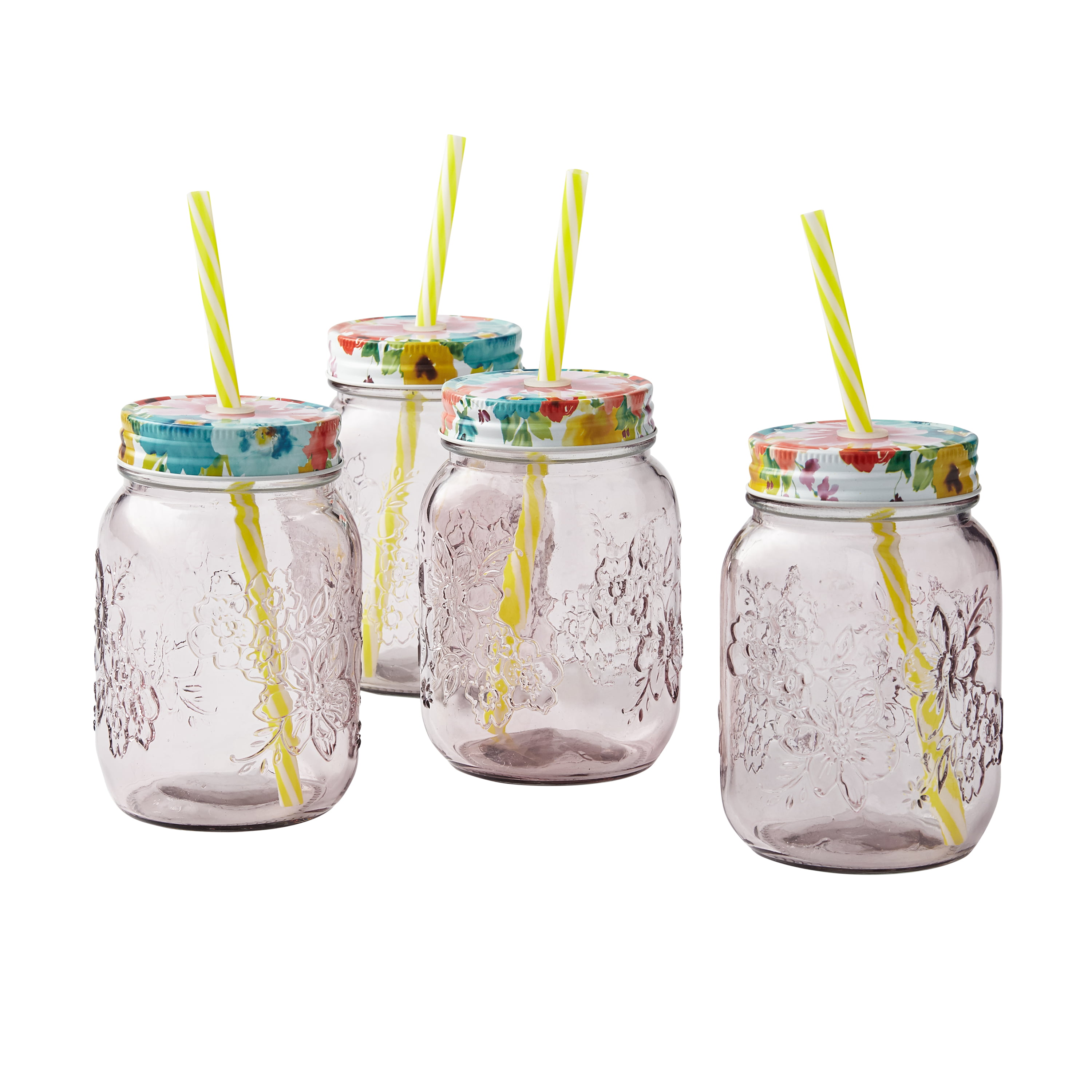 4 Pioneer Woman Rose Mason Jar 16oz Glasses with Lids and Straws