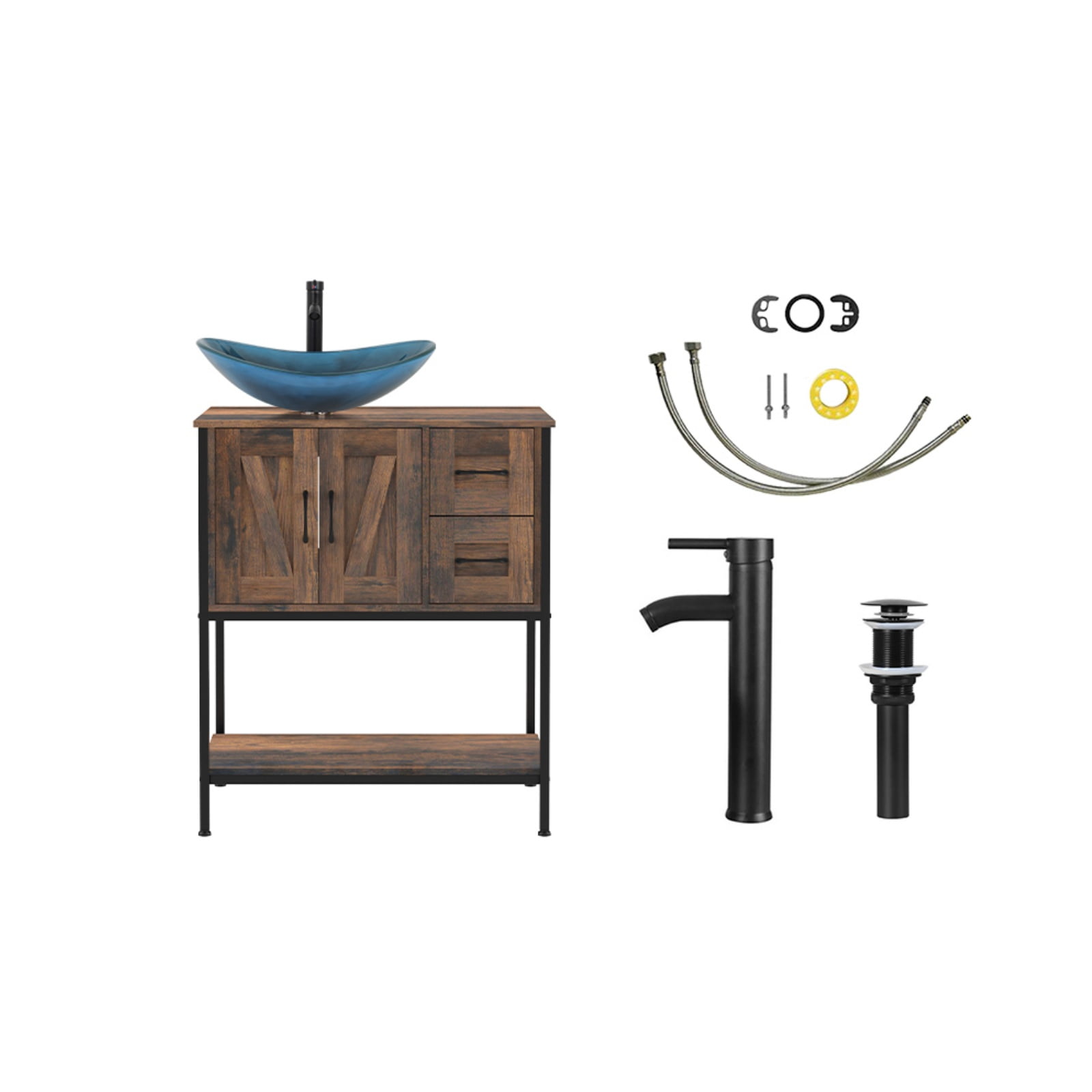 ELECWISH 30" Bathroom Vanity, Farmhouse Bathroom Vanity with Sink Combo Set, Rustic Brown Modern Wood Cabinet with Blue-Black Gradient Boat Sink