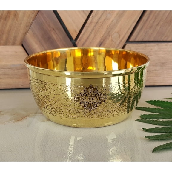 Indian Art Villa Brass Embossed Bowl - Flat Bottom, 6.8 oz - Decorative Tableware