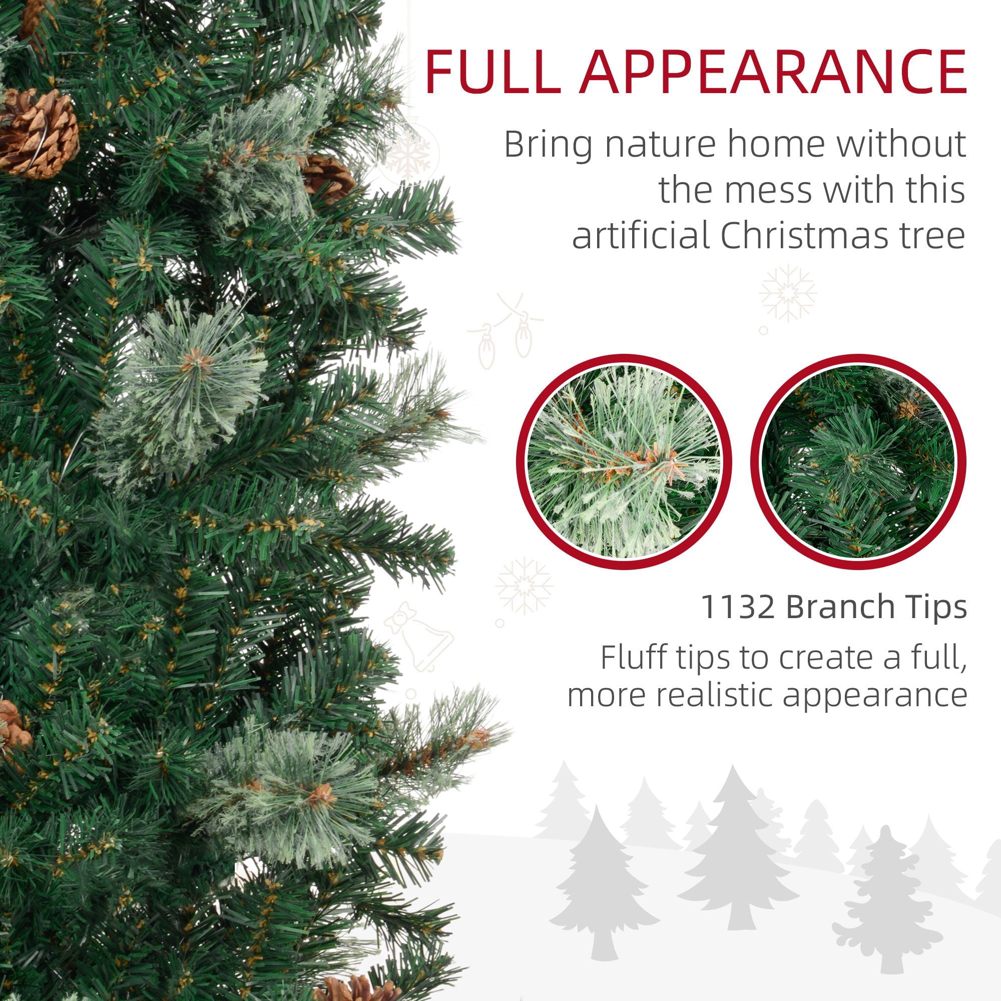 9.5 ft Pencil Christmas Tree, Slim Artificial Xmas Tree with Realistic Branches, Pine Cones and Metal Base, Unlit Holiday Decoration for Indoor Spaces