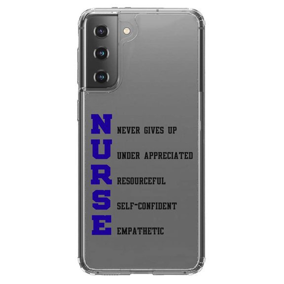 DistinctInk Clear Shockproof Hybrid Case for Galaxy S21  PLUS 5G (6.7" Screen) - TPU Bumper Acrylic Back Tempered Glass Screen Protector - Nurse Never Gives Up