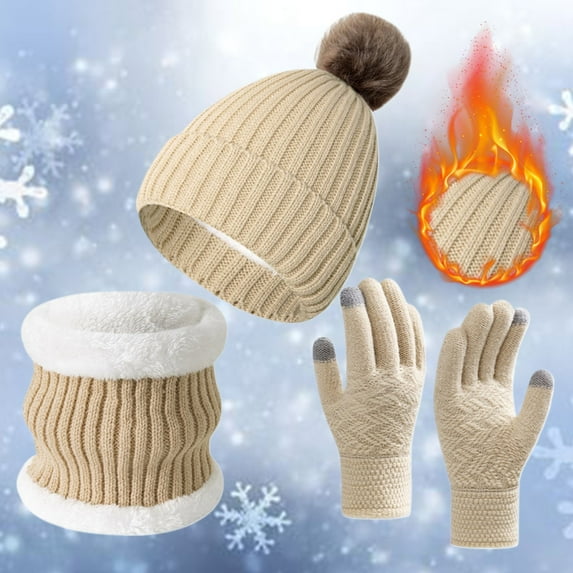 Bibifish Womens Hat Gloves Scarf Sets 3 Pc Fleece Lined Classic Cable Knitted Beanies Hat Touchscreen Gloves And Long Scarves For Cold Weather