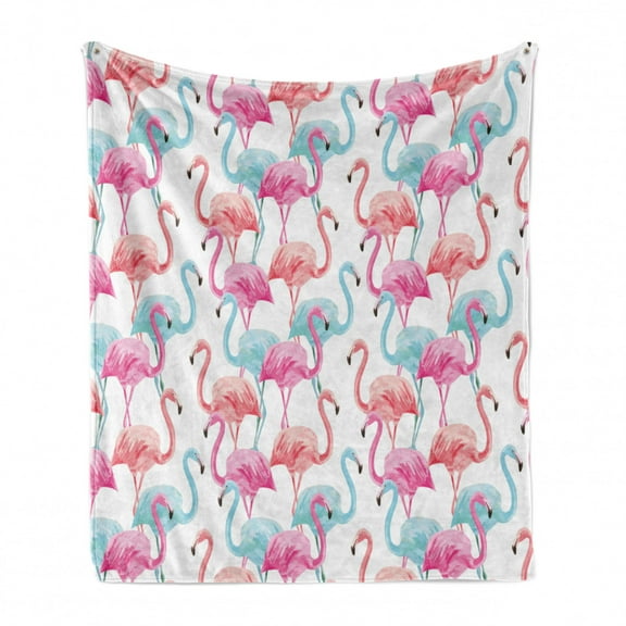 Watercolor Soft Flannel Fleece Blanket, Flamingos in Many Colors Hand Drawn Bird Exotic Animals Illustration, Cozy Plush for Indoor and Outdoor Use, 70" x 90", Baby Blue Salmon Pink, by Ambesonne