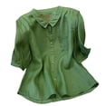 thumbnail image 2 of Women's Linen Cotton Shirt, Short Sleeve Button Down Collared Blouse, Loose Fit Oversized Top, Casual Summer Shirt, Boho Chic Tunic, Retro Vintage Inspired Blouse-Green, 2 of 3